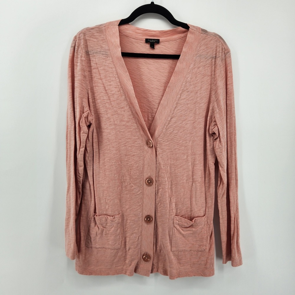 Talbots Womens Cardigan Top Light Pink Button Front Long Sleeve Pockets Size L